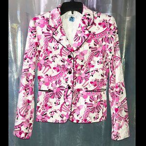 Tahari Pink & Black Floral Blazer w/Black Trim & Flower Buttons -Like New - sz 4